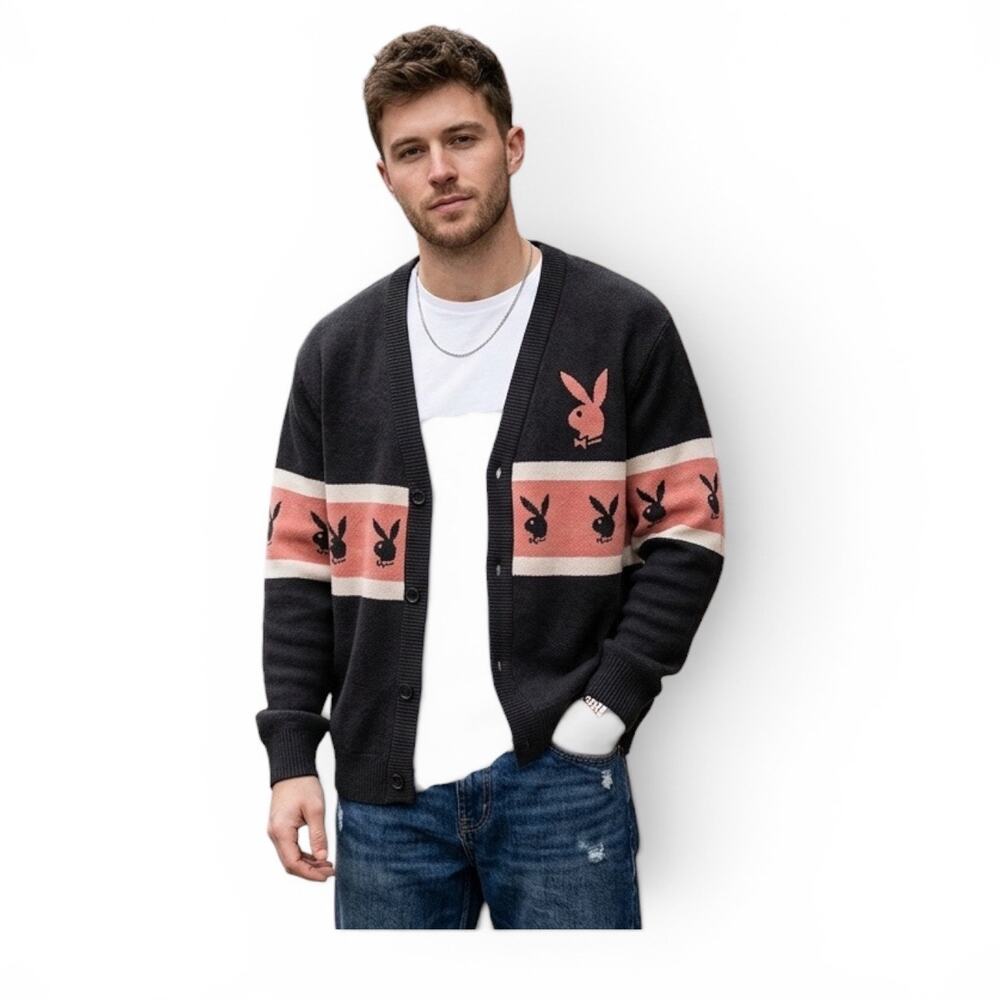 NWT Playboy x PacSun Peek-A-Boo Cardigan Gray Pink Cream Medium Style 0052